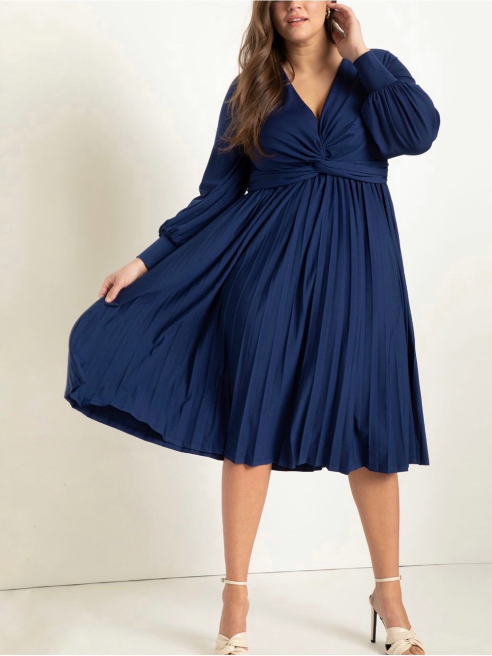 NWT Eloquii Dress Twist Knot Front Pleated Flowy Long Sleeve Navy Blue 20
